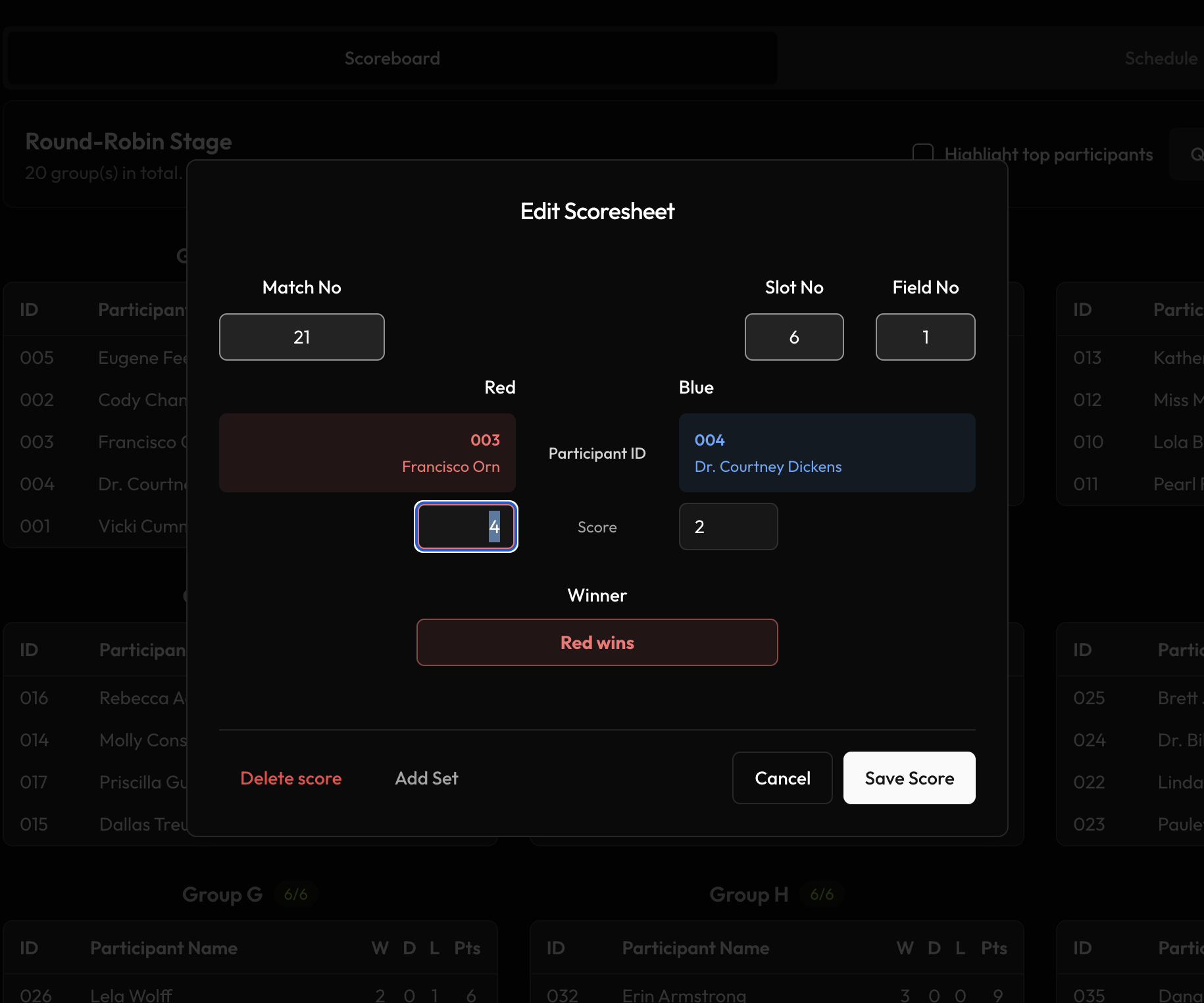 Scoresheet dialog recording a 4–2 result with match, slot, and field numbers and the winner marked